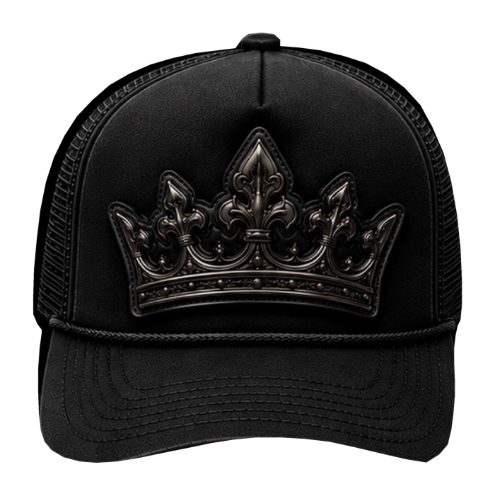 Front of Black raised leather patch trucker hat