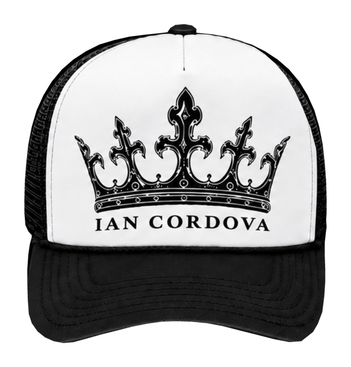 Front of White and black printed logo trucker hat