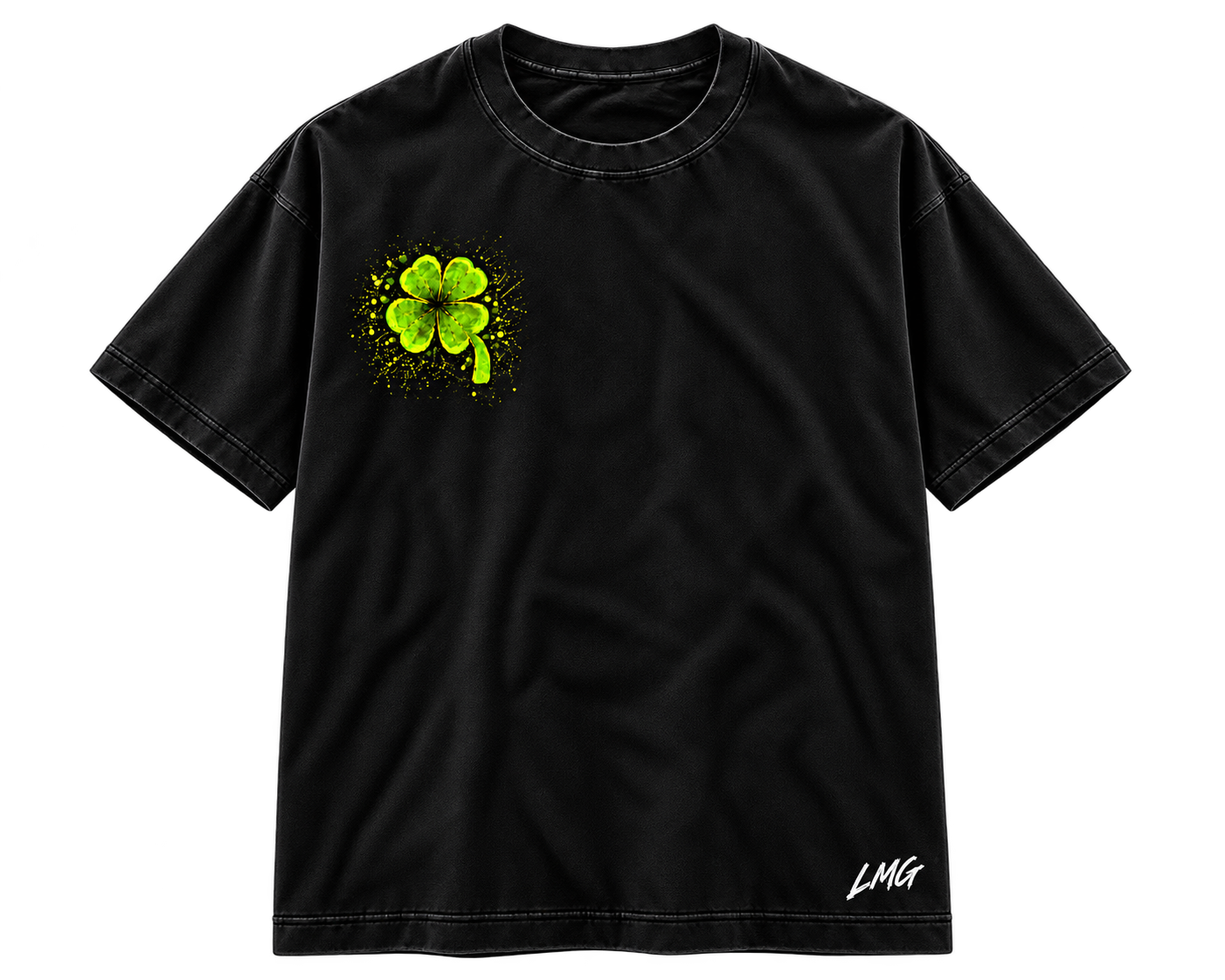 Front of black Lucky Music Group Shamrock Tee